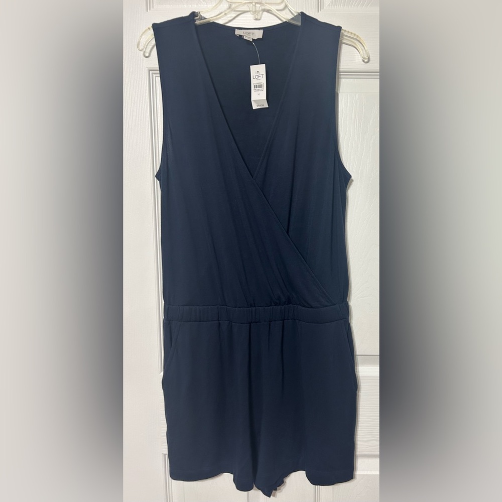 LOFT Women’s Navy Blue Shorts Romper Faux Wrap Sleeveless Soft Knit NWT Size M